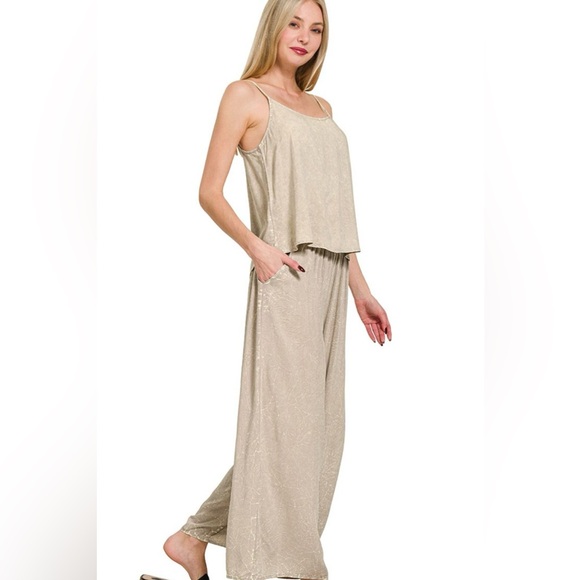 Zenana Woven Acid Crinkle Washed Cami & Pants 2 Piece Set - Picture 2 of 3